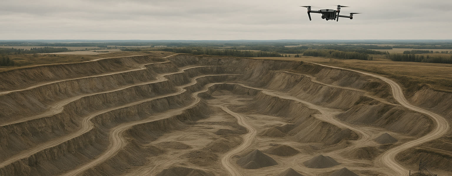 aerial view of an open-pit aggregate mine with benches and haul roads