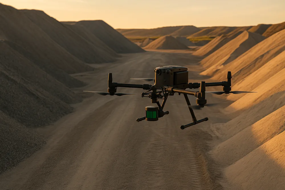 A survey drone with a LiDAR sensor flying low over gravel and sand stockpiles at an Alberta aggregate site.