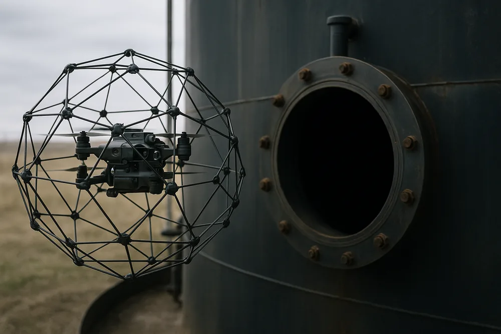 A collision-tolerant inspection drone hovering inside a dark industrial tank, its lights illuminating the interior shell while the pilot stays safely outside the confined space.