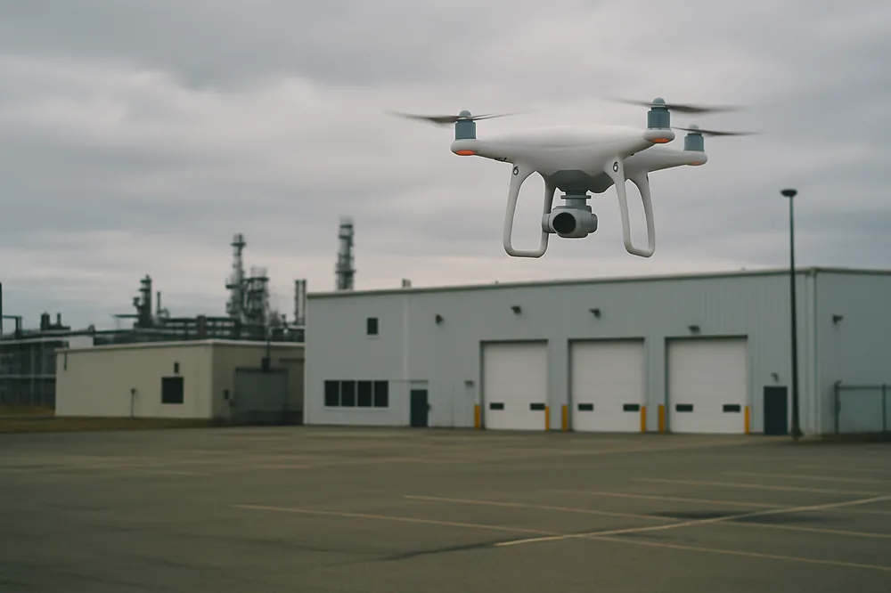 Commercial survey drone flying over an industrial site, capturing aerial data so a remote team can review the location without travelling on site.