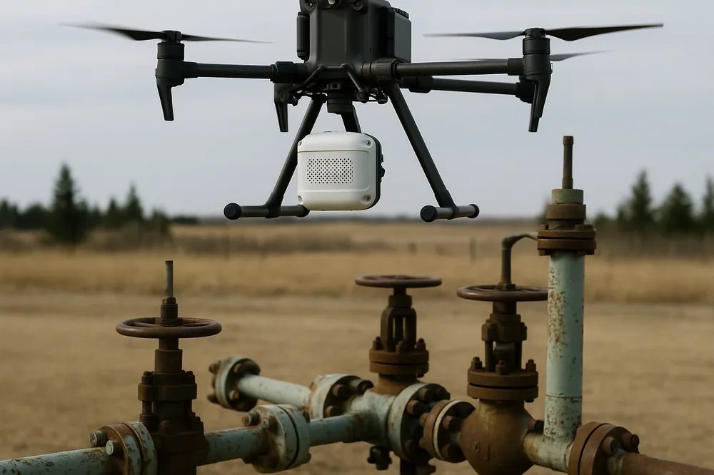 Survey drone carrying a laser methane sensor flying low over rural Alberta gas co-op distribution infrastructure during an aerial leak-detection sweep.