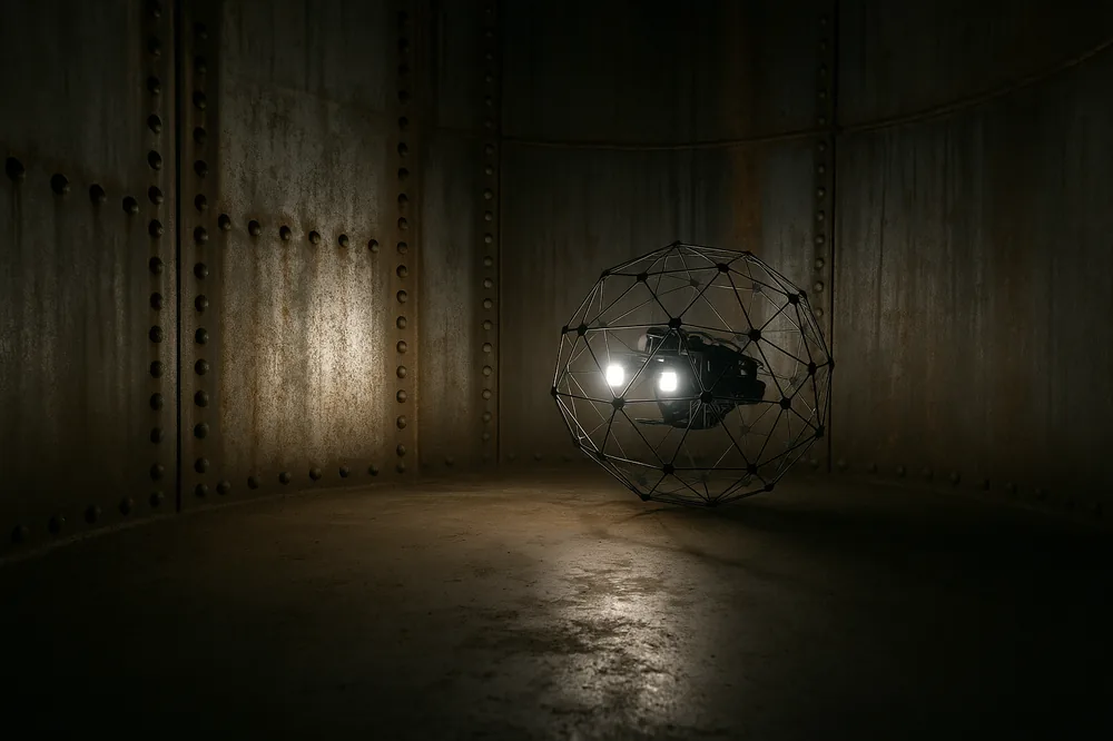 A collision-tolerant caged Elios 2 drone hovering inside a dark industrial storage tank, its onboard LED array lighting the steel walls and ceiling for inspection.