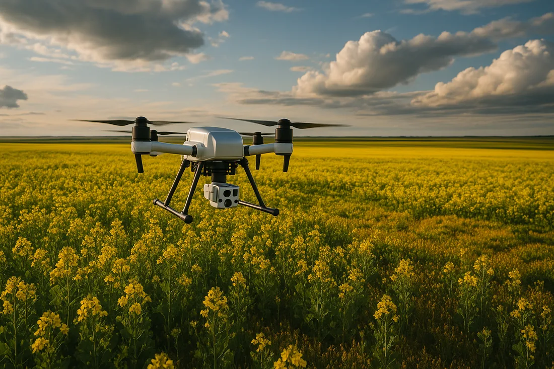 Multispectral NDVI drone imagery over an Alberta canola field, rendering crop-stress zones in false colour that guide targeted treatment decisions.