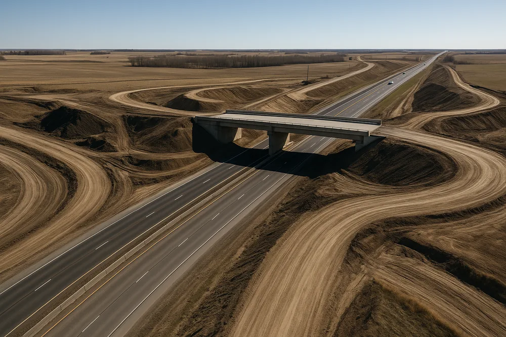 Survey drone flying a programmed grid over a civil earthworks site, capturing overlapping nadir photographs for photogrammetric reconstruction.