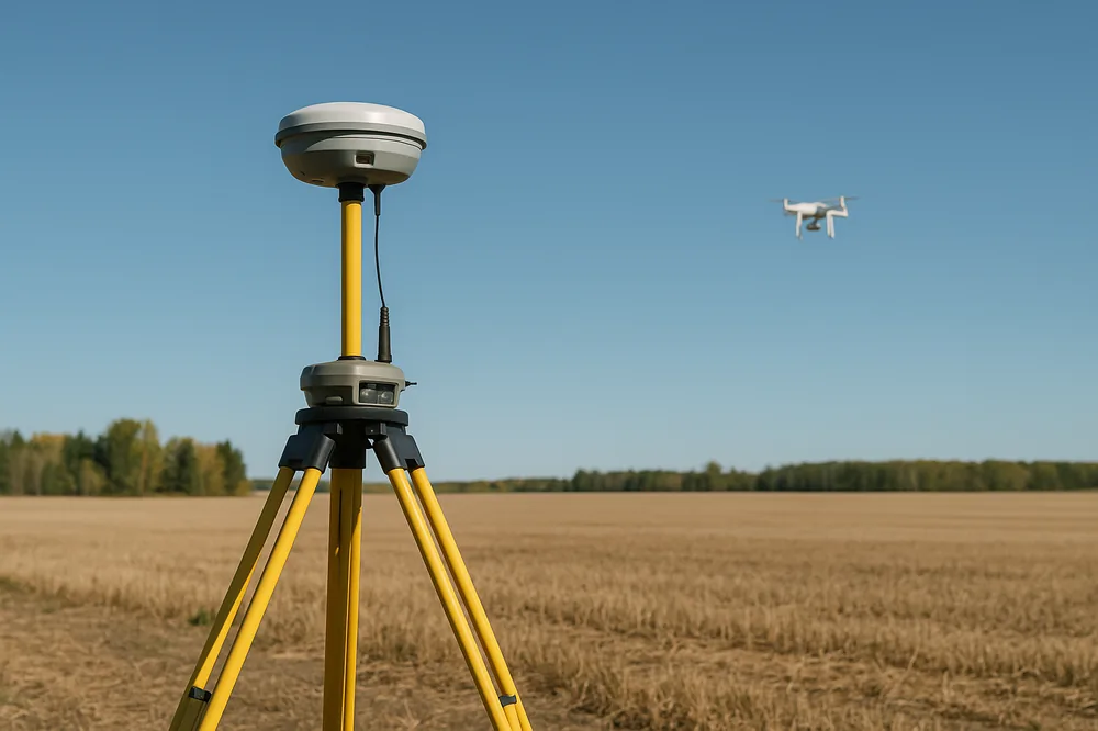 Commercial RTK-capable survey drone lifting off beside a tripod-mounted GNSS base station on an Alberta job site, the setup behind both RTK and PPK cm-grade mapping.