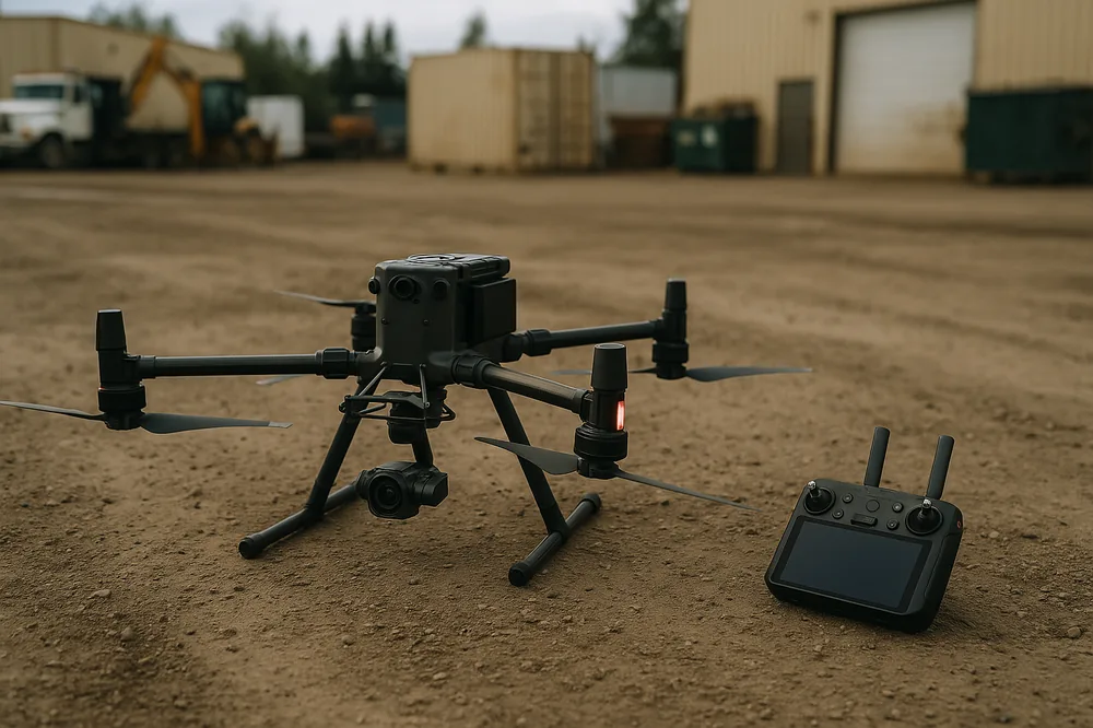 DJI Matrice 300 RTK industrial survey drone in flight carrying a Zenmuse H20T zoom-and-thermal payload on a commercial inspection job.