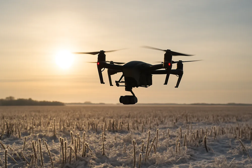 Commercial survey drone lifting off from a snow-covered Alberta field on a cold, clear winter day, with the pilot in heavy gear at the controller.