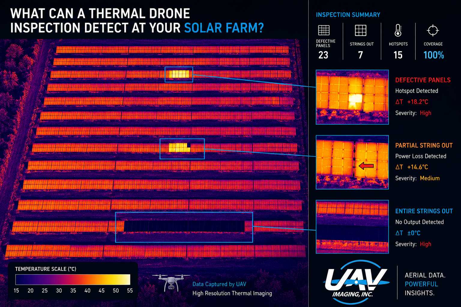 Sample thermal drone solar farm inspection report showing module-level defects, hotspots and strings out across the array